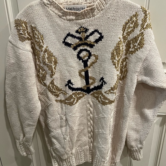 Melbourne HAND KNIT Medium Cozy Cream and Gold Nautical Crew Neck Sweater - Picture 8 of 10